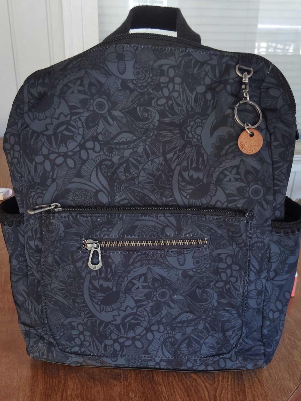 Women's Black Floral Print Backpack with Keychain Accent